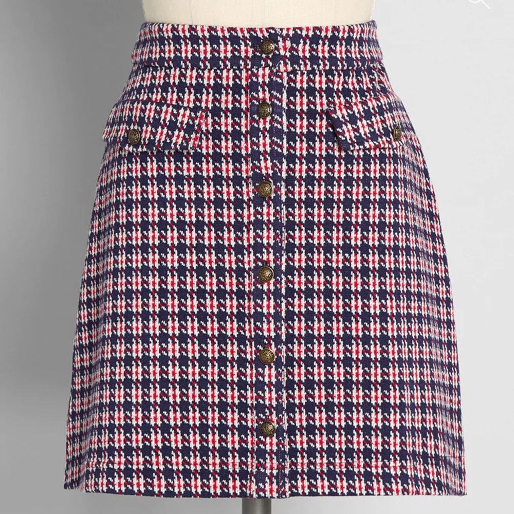 Modcloth Hot Button Issue Red & Blue Houndstooth A-Line Skirt